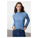 Trendyol Indigo Textured Fitted/Body-Sit Stand-Up Collar Flexible Knitted Blouse