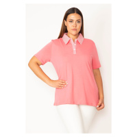 Şans Women's Plus Size Pink Cotton Fabric Polo Neck Front Buttoned Blouse