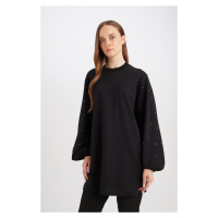 DEFACTO Women's Regular Fit Black Crew Neck Balloon Sleeve Stone Detailed Long Sleeve Sweatshirt