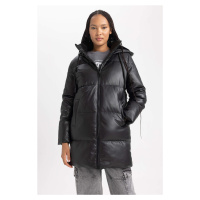 DEFACTO Waterproof Relax Fit Hooded Puffer Faux Leather Jacket