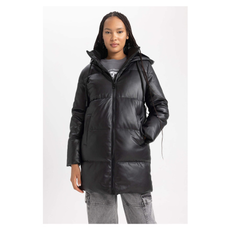 DEFACTO Waterproof Relax Fit Hooded Puffer Faux Leather Jacket