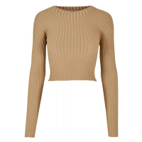 Ladies Cropped Rib Knit Twisted Back Sweater - unionbeige