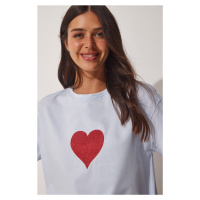 Šťastná Istanbulská dámská světle modrá třpytivá srdcem potištěná oversize pletená trička