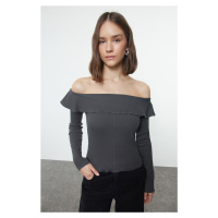 Trendyol Anthracite Carmen Collar Fitted Cut Out Detailed Ribbed Stretchy Knitted Blouse