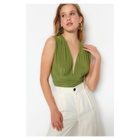 Trendyol Green Lace-Up Detail V-Neck Fitted/Slip-On, Flexible Knitted Bodysuit