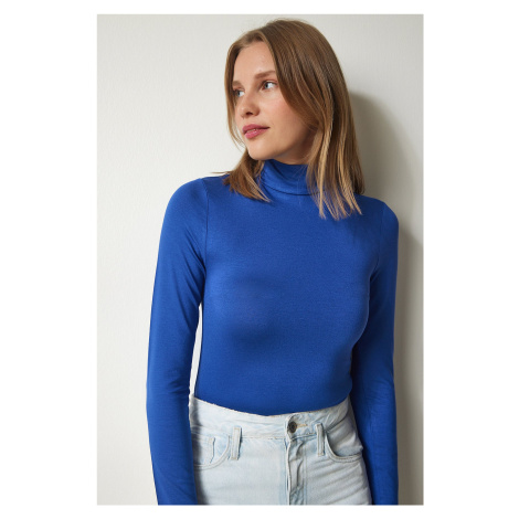 Happiness İstanbul Women's Blue High Neck Wrap Elastic Knitted Blouse
