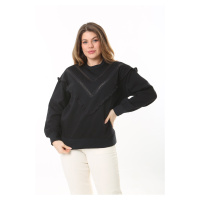 Şans Women's Plus Size Black Lace And Ruffle Detail Inner Raising Sweatshirt