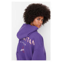 Trendyol Purple Back Print Detailed Hooded Thick Fleece Knitted Sweatshirt