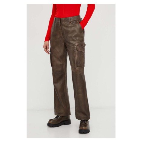Kožené kalhoty Herskind dámské, hnědá barva, jednoduché, high waist Birgitte Herskind