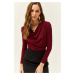 Olalook Women's Burgundy Waistband Pleated Turndown Collar Blouse