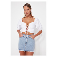 Trendyol Blue Mini Denim Skirt With Tassels, 100% Cotton