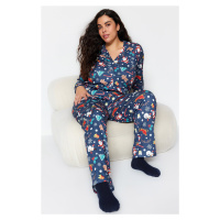 Trendyol Curve Navy Blue Christmas Themed Knitted Pajamas Set