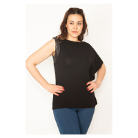 Şans Women's Plus Size Black Low-Sleeve Blouse with Faux Leather Detailed with Single Sleeves