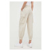 Bavlněné kalhoty Sisley béžová barva, kapsáče, high waist