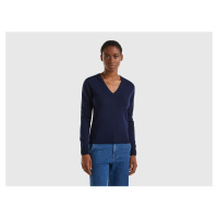 Benetton, Dark Blue V-neck Sweater In Pure Merino Wool