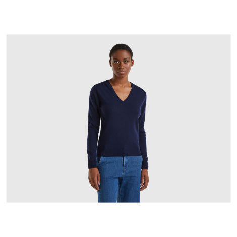 Benetton, Dark Blue V-neck Sweater In Pure Merino Wool United Colors of Benetton
