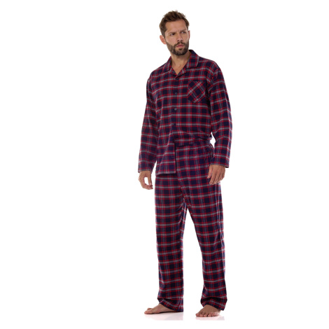 Propínací pánské pyžamo LaL Ben - flanelová bavlna Tmavě modrá
