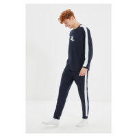 Trendyol Navy Blue Printed Striped Detailed Knitted Pajamas Set