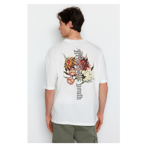 Pánské tričko Trendyol Ecru Oversize/široký střih s květinovým potiskem 100% bavlna