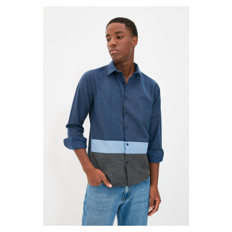 Trendyol Navy Blue Men's Slim Fit Shirt Collar Color Block Shirt