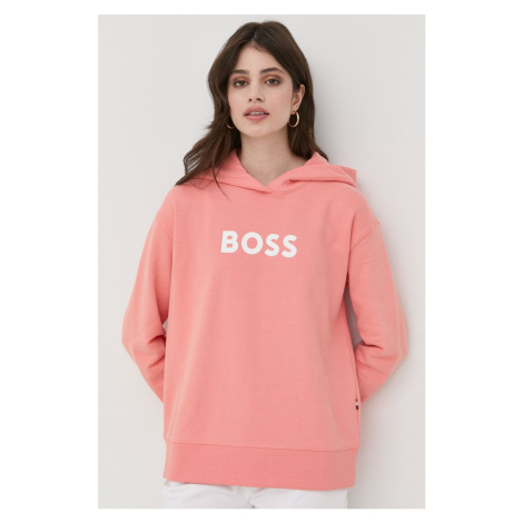 Bavlněná mikina BOSS dámská, oranžová barva, s potiskem Hugo Boss