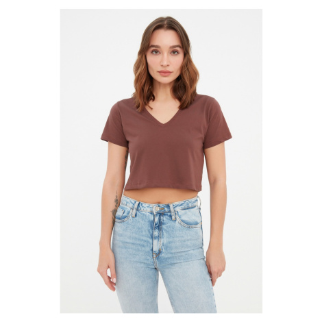 Trendyol Brown 100% Cotton Single Jersey V Neck Crop Knitted T-Shirt