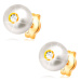 Zlaté 14K náušnice - smetanově bílá perla s blýskavým čirým zirkonem, 6 mm