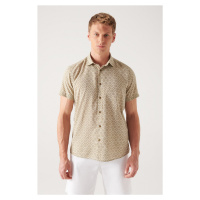 Avva Men's Khaki Geometric Printed Short Sleeve Cotton Shirt