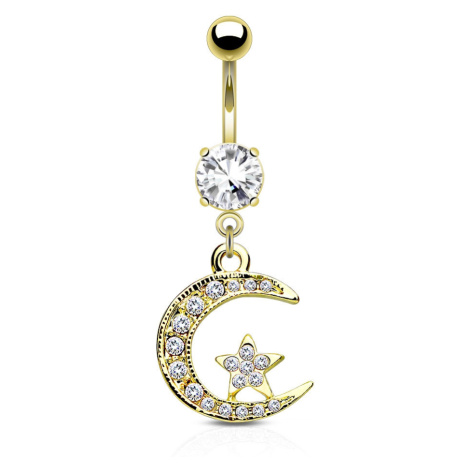 Ocelový piercing do pupíku - měsíček a hvězdička vykládané zirkony, čirý zirkon v kotlíku Šperky eshop