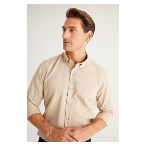 AC&Co / Altınyıldız Classics Men's Beige Buttoned Collar Easy to Iron Cotton Slim Fit Slim Fit O