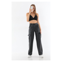 BİKELİFE Women's Black Leather High Waist Wide Leg Cargo Pants