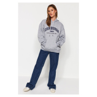 Trendyol Gray Thick Inside Fleece City Printed Oversize/Wide Fit Hooded Knitted Sweatshirt