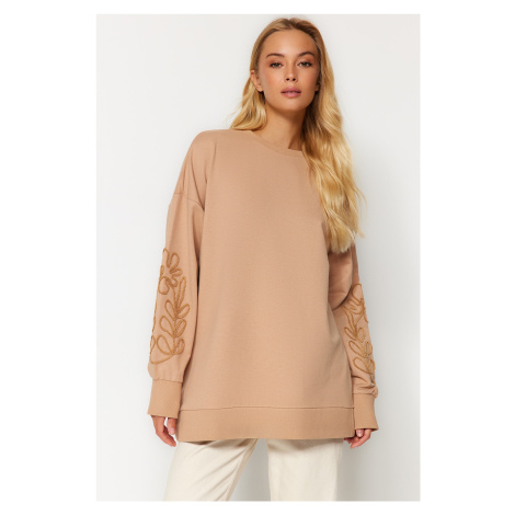 Trendyol Camel Casual Cut Sleeves Embroidered Knitted Sweatshirt