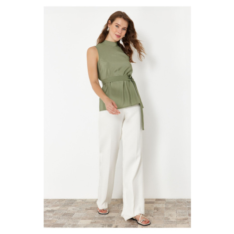 Trendyol Khaki Belted Crew Neck Sleeveless Woven Blouse