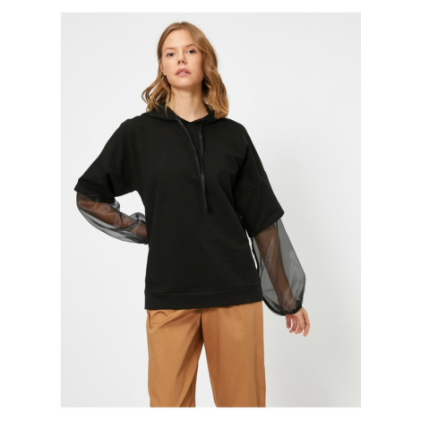 Koton Women's Tulle Sleeve Detailed Hooded Long Sleeve Sweatshirt