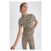 DEFACTO Slim Fit Half Turtleneck Leopard Short Sleeve T-Shirt