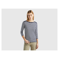 Benetton, Striped 3/4 Sleeve T-shirt In 100% Cotton