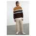 Trendyol Camel Men's Slim Fit Wool Crew Neck Panelled Color Block Knitwear Sweater