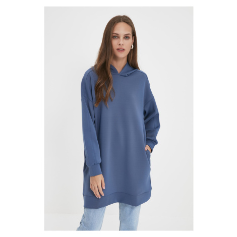 Trendyol Navy Blue Hooded Pocketed Scuba Knitted Wide Fit Oversize Sweatshirt
