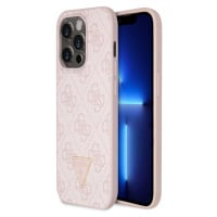 PU 4G Strass Triangle Metal Logo Zadní Kryt pro iPhone 15 Pro Pink Obal na telefon Guess