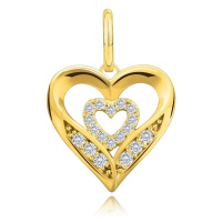 Přívěsek ze žlutého 14K zlata - obrys dvou srdcí, kulatý zirkon