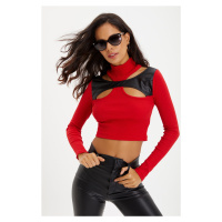Cool & Sexy Women's Red Asymmetrical Collar Faux Leather Block Crop Blouse BTH08