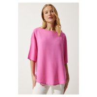 Happiness İstanbul Women's Pink Crew Neck Flowy Viscose Blouse