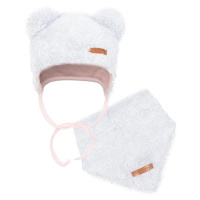 Zimní kojenecká čepička s šátkem na krk New Baby Teddy bear šedo růžová