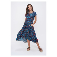 By Saygı Floral Pattern Tasseled Double Pocket Asymmetric Dress Blue