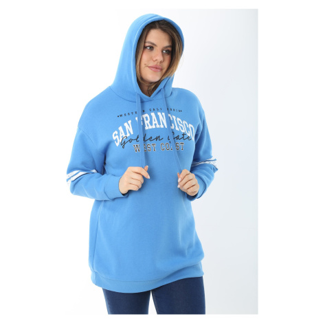 Şans Women's Plus Size Blue Inner Raising Three Thread Hooded Sweatshirt