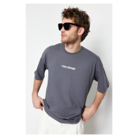 Trendyol Anthracite Oversize Text Printed 100% Cotton T-Shirt