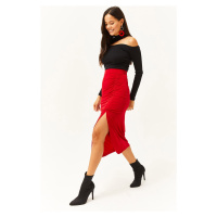 Olalook Women's Red Slit Draped Detail Zippered Midi Sandy Skirt