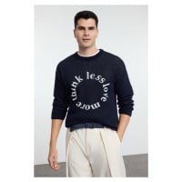 Trendyol Navy Blue Oversize Crew Neck Slogan Knitwear Sweater