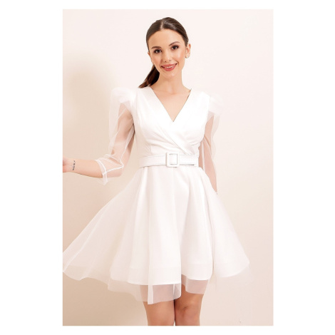 By Saygı Double Breasted Neck Balloon Sleeve Belted Dress